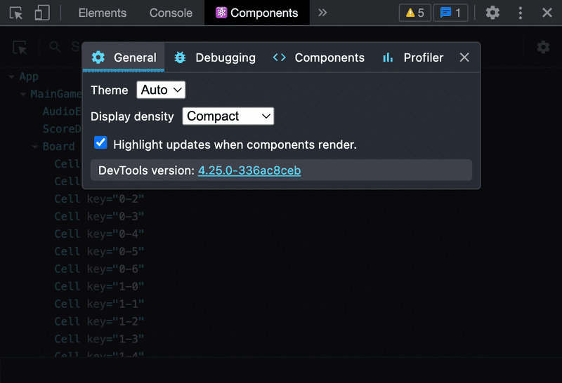 Screenshot of the React Dev Tools showing the "Highlight updates when component renders" option